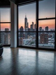 Wall Mural - Unfurnished modern loft office showcasing panoramic city skyline through glass windows