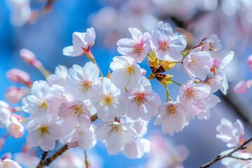 Sticker - Delicate cherry blossoms in full bloom on a branch set against a vibrant blue sky, Delicate cherry blossoms in full bloom