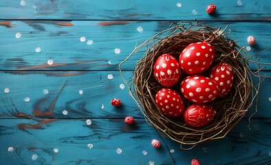 Red Polka Dot Easter Eggs Nest on Blue Wood