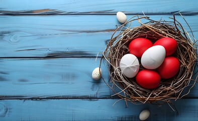 Sticker - Red & White Easter Eggs in Nest on Blue Wood