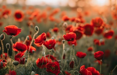 Wall Mural - poppy field at golden hour with bokeh