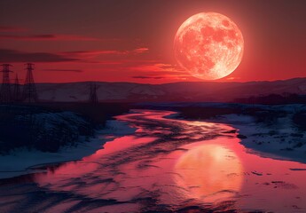 Sticker - Red Full Moon Over River Landscape