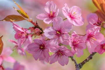 Poster - Close-up view of pink cherry blossoms blooming on a tree, Delicate pink cherry blossoms blooming on a tree branch