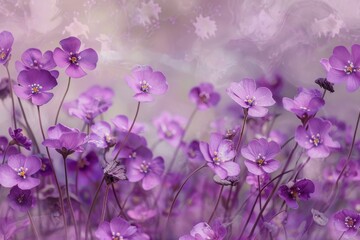 Wall Mural - Abundant purple flowers fill a vibrant field against a purple backdrop, Delicate purple flowers blooming across the canvas