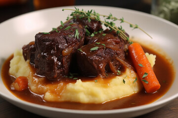 Wall Mural - Short ribs with mash potato and carrot generative AI