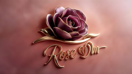 A pink rose with gold letters that say rose.