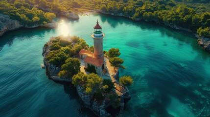 Wall Mural - Aerial view of a lighthouse on a small island, surrounded by clear blue water.