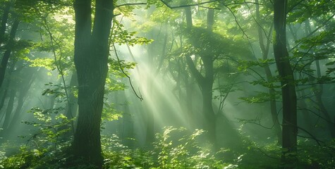 Wall Mural - Enchanted Sunlight Through Misty Forest