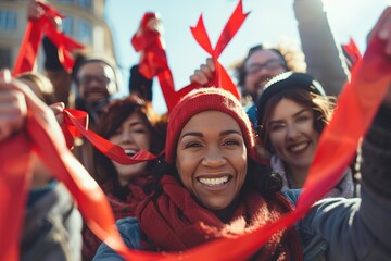 diverse group of people holding red ribbons