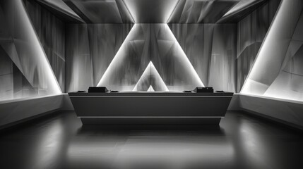 Leinwandbilder - A modern stage with a long, low table, and triangular lighting. The room has a minimalist design with geometric shapes and reflective surfaces.
