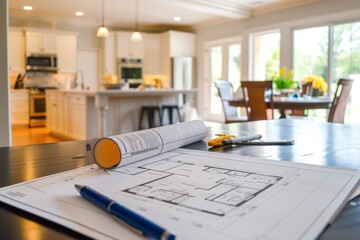 A detailed house plan is laid out on a table with a pen and pencil for measurements and adjustments, Demonstrate the steps of a DIY home improvement project through visuals