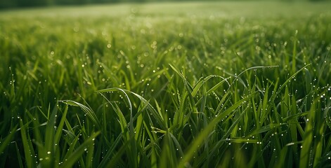 Wall Mural - green grass field with dew drops close up