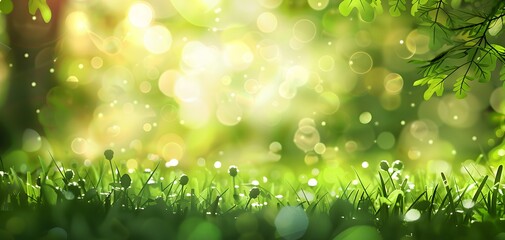 Wall Mural - green grass meadow with bokeh light effect