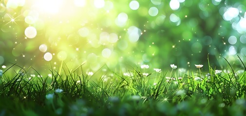 Wall Mural - green grass meadow background bokeh light