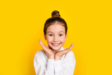 Sticker - Photo of cute schoolgirl beaming smile good mood wear uniform isolated on yellow color background