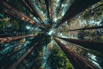 Poster - Looking up at tall trees in a dense forest setting, Dense foliage of towering trees