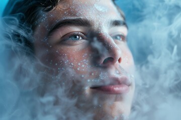 A closeup photograph of a young man with blue eyes in a cryotherapy chamber, his face is covered in condensation from the icy vapor