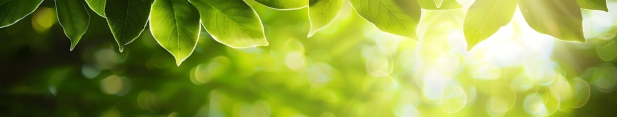 Wall Mural - sunlit green leaves banner with blurred background
