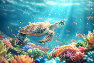 Wall Mural - Sea Turtle life underwater with colorful coral reef sea, Maldives Indian Ocean coral reef.