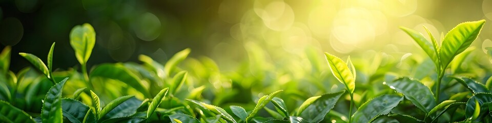 Wall Mural - close-up green tea leaves with sunlight