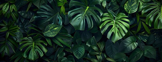 Wall Mural - dark green tropical leaves background