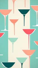 Wall Mural - Abstract pattern of colorful cocktail glasses on a mint green and beige background