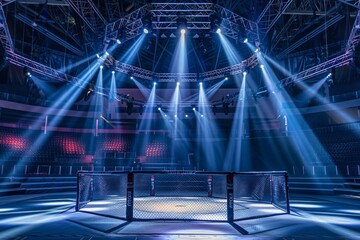 an octagon ring sits in the center of a dark arena, illuminated by bright spotlights. a tiered seati