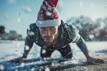 A fitness coach in a Santa hat performs push-ups on the snow, determined to stay active during the winter season