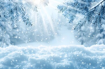 Poster - Snowy Winter Scene with Sun Rays and Pine Branches