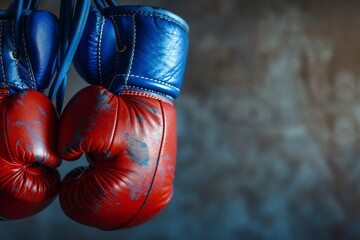 A closeup shot of a pair of worn boxing gloves, one red and one blue, hanging against a neutral background. The gloves show signs of use with their leather showing some wear and tear