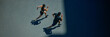 © Lustre Art Group  - Banner. Aerial view of young people jogging together outdoor on sunny summer day at park. Negative space to insert your text. Concept of sport and healthy lifestyle, pair training, leisure activity.