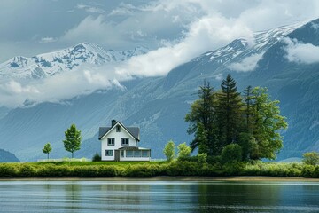 Poster - A house stands on the shore of a lake, framed by towering mountains in the background, Depict a scene of a peaceful home protected by insurance