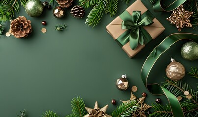 Poster - Green Christmas Flat Lay with Gift Box and Decorations