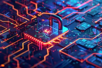 Canvas Print - A detailed circuit board with a padlock attached, symbolizing data encryption and security measures, Depict the concept of data encryption in a visually abstract way