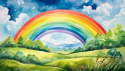 Whimsical watercolor painting of rainbow arching over lush green meadow. Natural landscape.