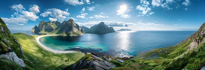 Canvas Print - Lofoten Islands Panorama: Sandy Beach, Cliffs & Blue Waters