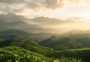 Canvas Print - Sunrise Over Lush Green Tea Plantation Hills