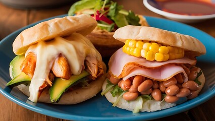 traditional food in colombia or venezuela named arepa made with corn meal cheese, chicken maize and ham avocado corn and beans