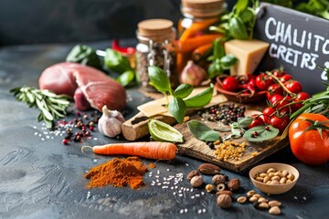 Wall Mural - A collection of fresh produce including vegetables, herbs, and spices arranged on a table, Depicting the various ways in which food safety regulations are enforced in different countries