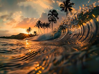 Wall Mural - Sunrise Waves Crashing On Hawaiian Shore