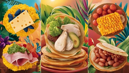 traditional food in colombia or venezuela named arepa made with corn meal cheese, chicken maize and ham avocado corn and beans