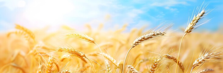 Wall Mural - golden wheat field with blue sky blurred background