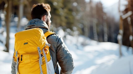 A man dressed in a gray jacket and yellow backpack hiking through a snowy forest, surrounded by green pine trees and a clear sky in the background.