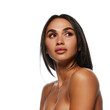 © master1305 - Glowing beauty. Portrait of beautiful young woman with tanned body, well-kept clear skin and nude makeup isolated on white background. Concept of beauty, skin and body care, cosmetology and cosmetics