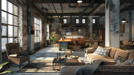 Wall Mural - background clean Living room interior in loft, industrial style, 3d render