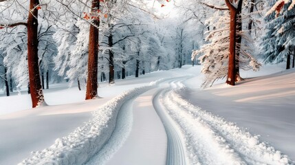 A snow-covered road winds its way through a serene forest, capturing the essence of a peaceful winter wonderland, inviting viewers to explore nature's tranquil beauty.