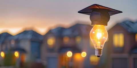 Wall Mural - light bulb graduating in front of housing sector background. concept real estate, graduation, light 