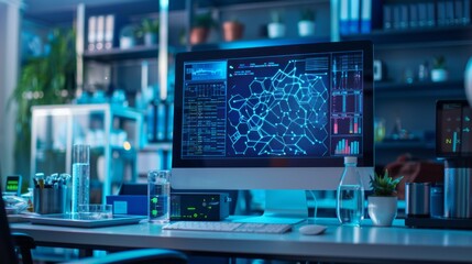 Modern Workstation with Network Data Visualization on Desktop Computer.