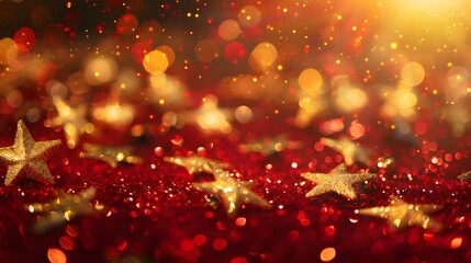 Poster - Festive Red Background With Golden Stars And Lights