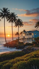 Wall Mural - Vector graphic of a coastal sunrise with palm trees and beach houses